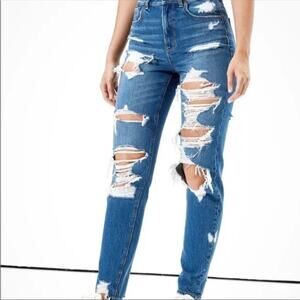 AE American Eagle Mom Jean Heavily Distressed Tapered Leg Rigid Dark Wash Sz 18R